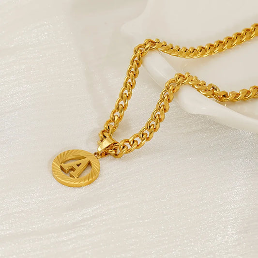 Gold Initial Cuban Chain Necklace – 5mm Stainless Steel A–Z Letter Pendant, Unisex Gift Jewelry