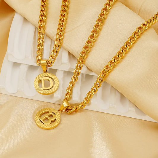 Gold Initial Cuban Chain Necklace – 5mm Stainless Steel A–Z Letter Pendant, Unisex Gift Jewelry
